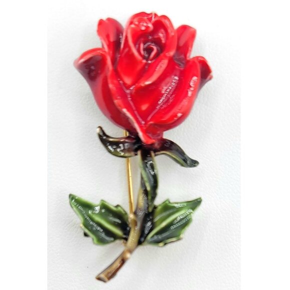 HAR Red Rose Enamel Brooch Signed - Picture 1 of 6
